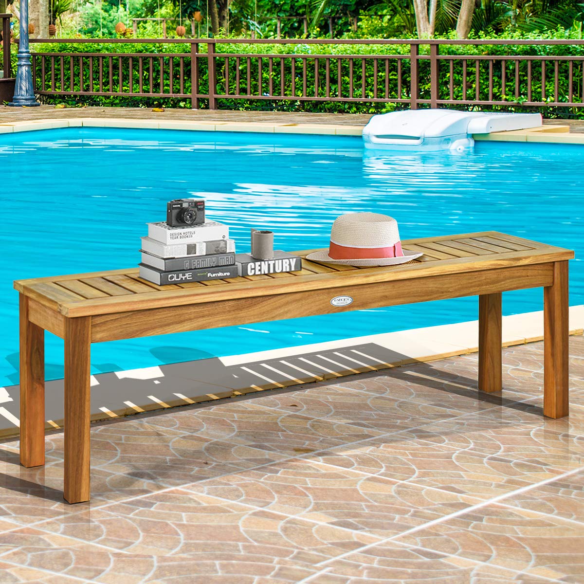 Tangkula 52 Inches Acacia Wood Outdoor Bench, Wood Bench for Dining Room Entryway Poolside Garden, Patio Backless Dining Bench with Slatted Seat, Ideal for Outdoors & Indoors (2, Teak) Tangkula