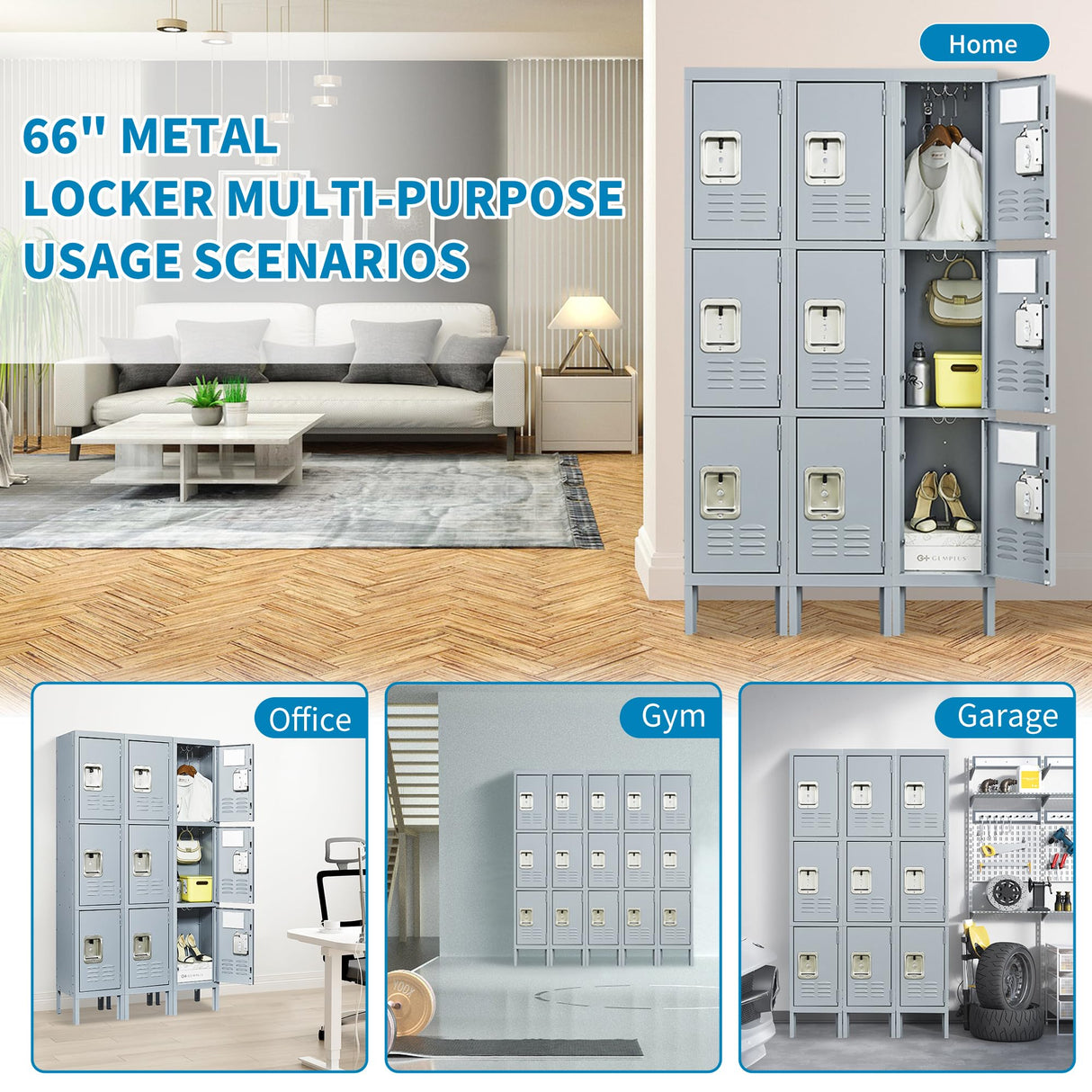 FLIXELIO Metal Lockers for Employees 66" H Tall Storage Locker with Lock Gym Locker Cabinet with 3 Doors Steel Wardrobe for Office Home School Staff Assembly Required FLIXELIO