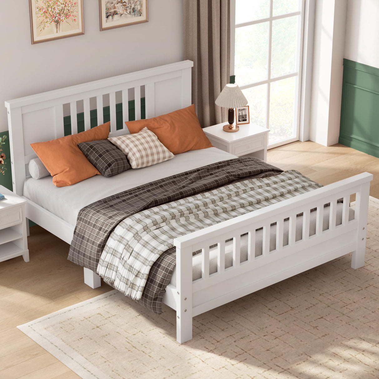 soges Full Bed with Headboard, Solid Wood Platform Bed for Teens Adults, Twin Size Bed Frame with Wood Slats Support, No Box Spring Needed, White soges