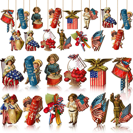 Panelee 24 Pcs Memorial Day Ornaments Vintage Patriotic Tree Ornaments Wooden 4th of July Tree Decorations Red White Blue Hanging Ornament for Small Tree Independence Day Party Decor(Vintage) Panelee