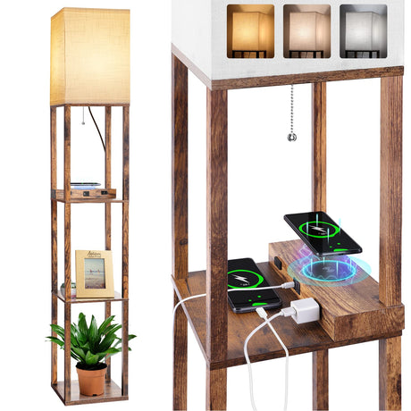 Dott Arts Floor Lamp with Shelves, Shelf Lamp with Wireless Charger & USB A+C Ports & 2 AC Outlets,3 Color Temperature Corner Tall Standing Floor Lamps for Living Room, Bedroom, Office (Brown) Dott Arts