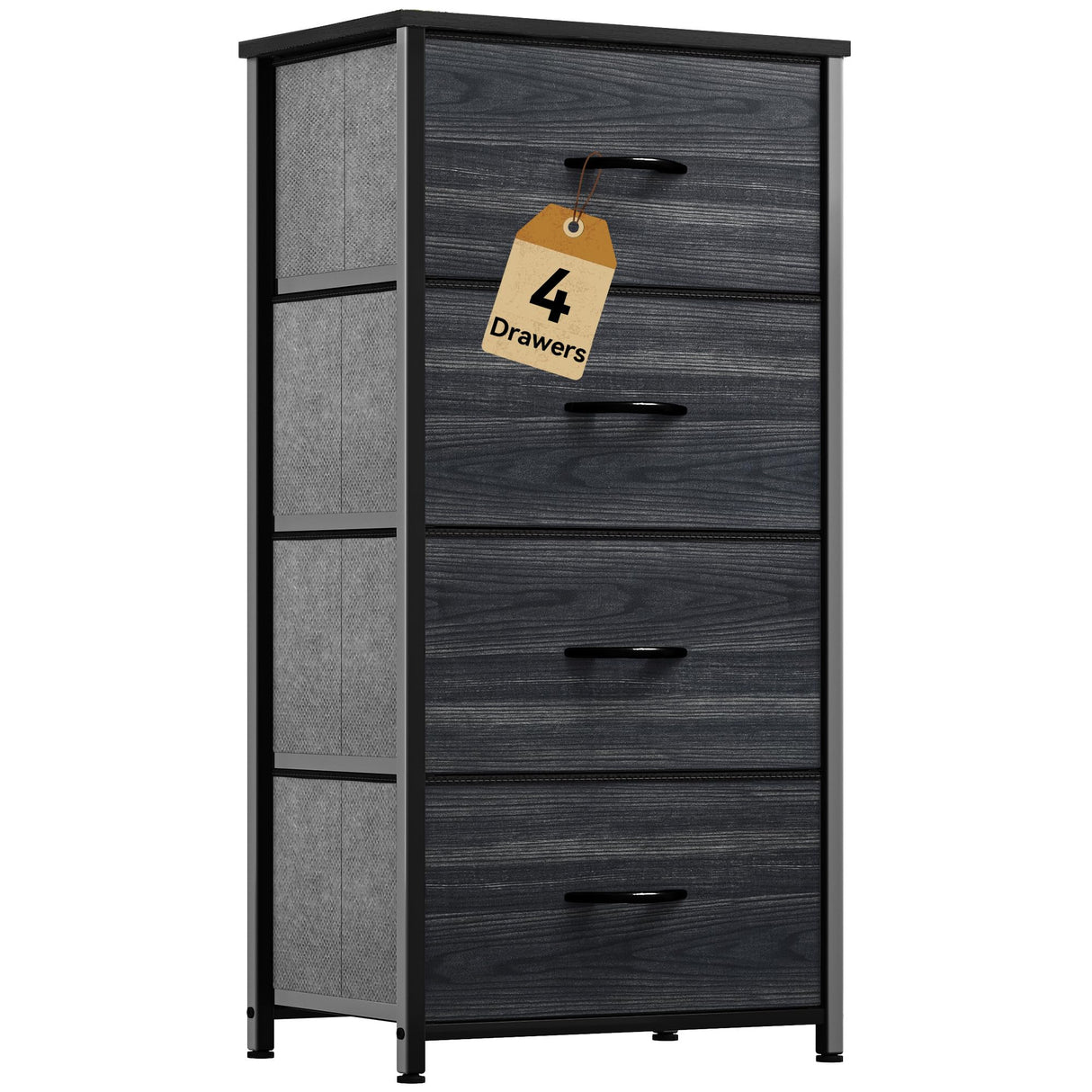 DWVO 4 Drawers Dresser, Dresser for Bedroom, Fabric Storage Tower, Chest of Drawers, Organizer Unit for Closets, Living Room, Sturdy Steel Frame, Wooden Top, Easy Pull Fabric Bins DWVO