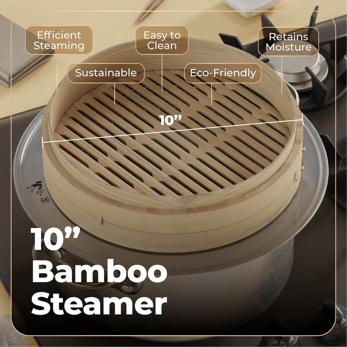 Prime Home Direct Bamboo Steamer Basket 10-inch | 2-Tier Steamer for Cooking | 50 Liners, Chopsticks, Sauce Dish | Dumpling Steamer, Food Steamer Baskets for Cooking - Rice & Vegetable Steamer Pot Prime Home Direct
