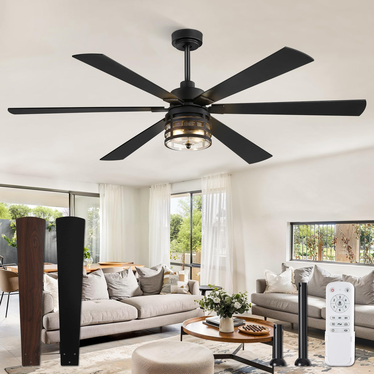 Fanbulous 65" Farmhouse Ceiling Fans with Lights and Remote,Industrial Large Ceiling Fan with 6-Speed Reversible DC Motor and 6 Dual Finish Blades,Black Ceiling Fan with Light for Living bedroom Patio Fanbulous