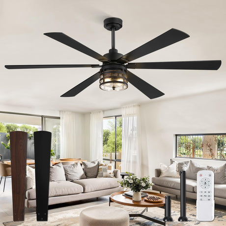 Fanbulous 65" Farmhouse Ceiling Fans with Lights and Remote,Industrial Large Ceiling Fan with 6-Speed Reversible DC Motor and 6 Dual Finish Blades,Black Ceiling Fan with Light for Living bedroom Patio Fanbulous