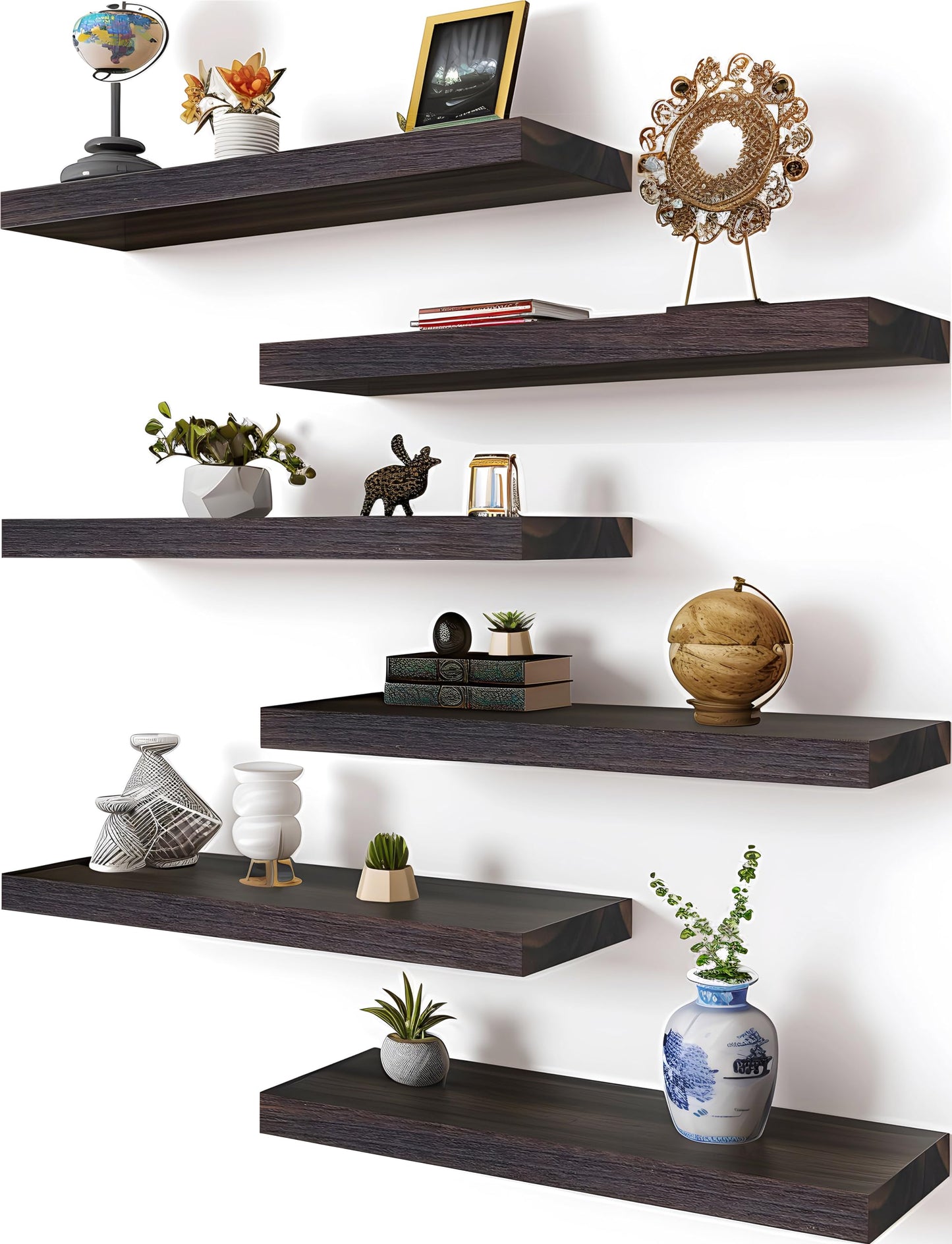 HXSWY Rustic Wood Floating Shelves for Wall Decor Farmhouse Wooden Wall Shelf for Bathroom Kitchen Bedroom Living Room Set of 6 Brown