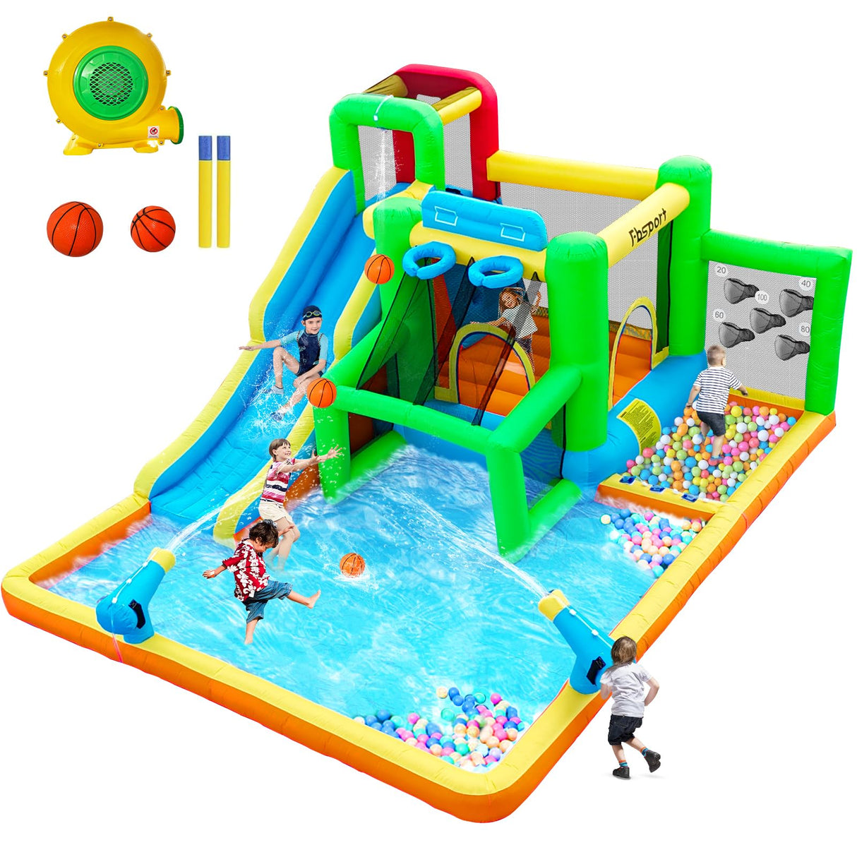 FBSPORT Inflatable Bounce House Water Slide, Bounce House for Kids Indoor Outdoor Bouncy House with 550W Blower, Water Bounce House with Slide Ball Shooting, Water Gun, Splash Pool, Bounce Area, Hose FBSPORT