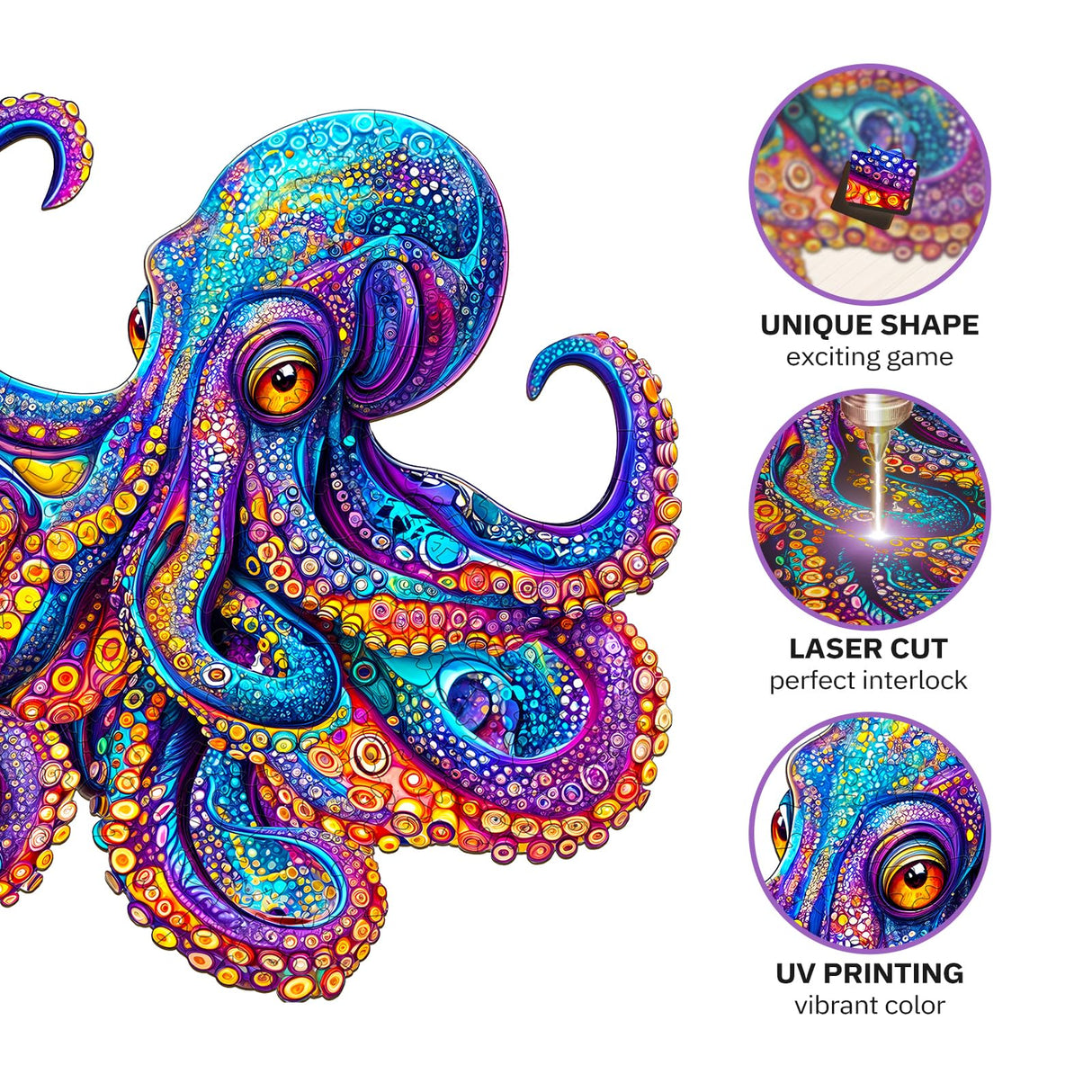 Jigfoxy Wooden Puzzles for Adults, Octopus Wood Puzzles Adult, Unique Animal Shape Wooden Jigsaw Puzzles for Adults, Birthday Gifts for Puzzle Lovers, Family (S-8.5 * 8.4in-100pcs) Jigfoxy