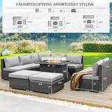 BULEXYARD 10 Piece High Back Wicker Patio Furniture Set with Firepit, All-Weather L-Shape Outdoor Sectional Couch 9-Person, Extra Comfortable Wide Deep Backyard Seating Group with Ottoman, Light Grey BULEXYARD
