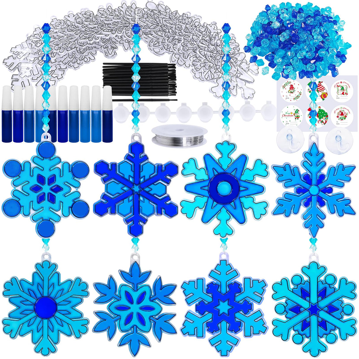 Winlyn 24 Sets Snowflake Suncatchers Ornaments Decorations DIY Window Paint Art Suncatchers Christmas Craft Kits Hanging Snowflake Sun Catchers for Kids Christmas Winter Home Classroom Party Activity Winlyn