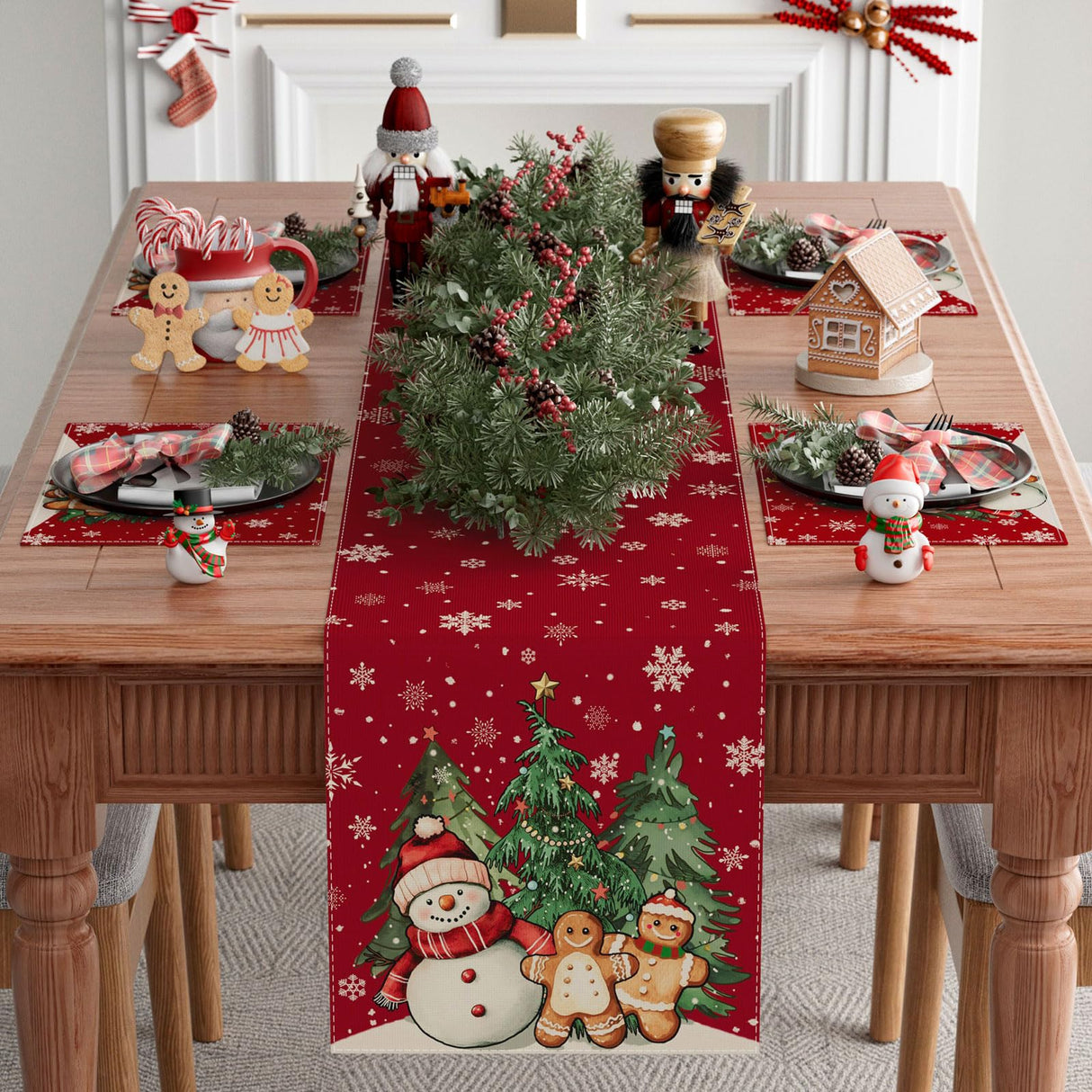 XCHI Winter Red Snowman Gingerbread Man Christmas Tree Xmas Table Runner Table Decoration for Party Home Kitchen Dining Holiday Decor 13x72 Inch XCHI