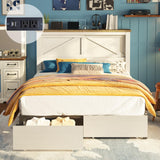 AMERLIFE Queen Bed Frame with Hidden Sliding Bookcase Headboard, Charging Station, 2 Large Storage Drawers, Metal & Wood Platform, Farmhouse, No Box Spring Needed, White & Barnwood AMERLIFE