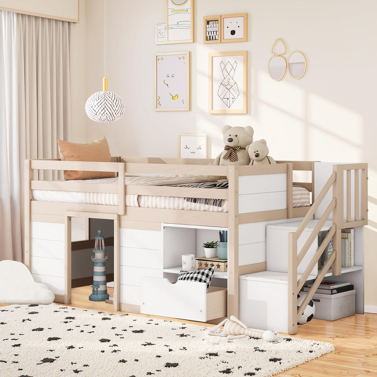 Okak Twin Size Low Loft Bed, Kids Loft Bed Frame with Playhouse, Drawer, Shelf, Stairs for Storage, Toddler Beds Frame with Safety Guardrail and Strong Wood Slats for Girls or Boys - White & Cream Okak