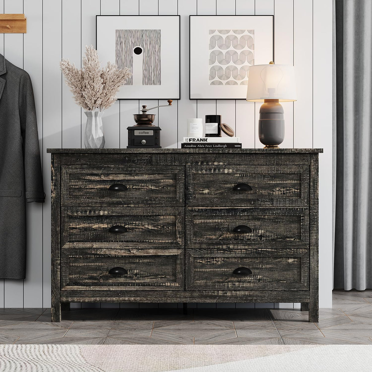 Modern Farmhouse Wood Dresser for Bedroom, Rustic 6 Drawer Dresser with Vintage Black Antique Handle, Double Dresser and Chest of Drawers for Hallway, Rustic Brown Oak HOUROM