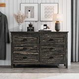 Modern Farmhouse Wood Dresser for Bedroom, Rustic 6 Drawer Dresser with Vintage Black Antique Handle, Double Dresser and Chest of Drawers for Hallway, Rustic Brown Oak HOUROM