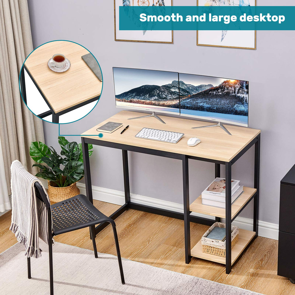 SINPAID Computer Desk 40 inches with 2-Tier Shelves Sturdy Home Office Desk with Large Storage Space Modern Gaming Desk Study Writing Laptop Table, OAK SINPAID