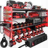 POKIPO Large Power Tool Organizer Wall Mount with Charging Station,4 Layer Heavy Duty Metal Tool Storage Shelf Loads 600lbs,Battery Utility Rack With 4 Outlet Power Strip with 8 Cordless Drill Holder POKIPO