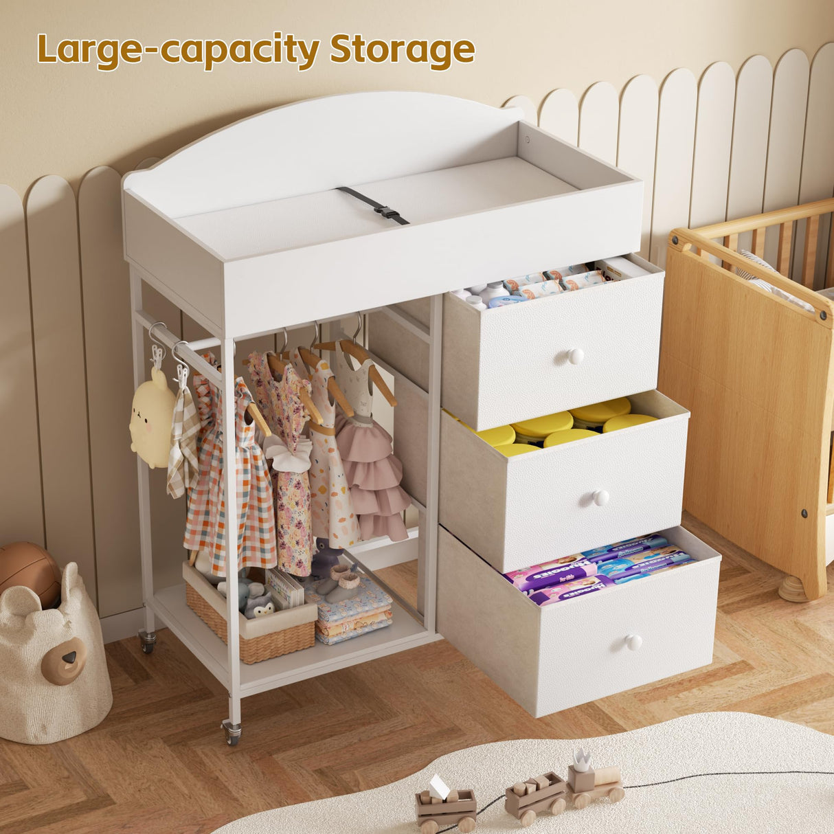 DTK Changing Table Dresser with Clothing Rack and Storage Shelf,3-Drawer Baby Dresser with Changing Table Top,Diaper Changing Station with Waterproof Pad,Mobile Dresser for Nursery,White DTK
