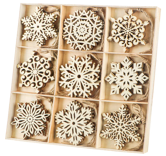 Binswloo 36pcs Wooden Snowflakes Ornaments, Wood Hanging Cutout Embellishment for Rustic Christmas Tree Decoration DIY Crafts Gift Tags, 3.5Inch