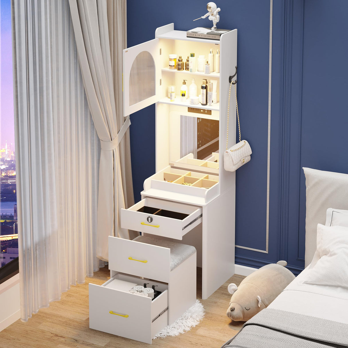 Small Vanity Desk with Mirror and Lights, Makeup Vanity Table with Drawers for Small Space, Compact Mini Corner Vanity Set Dressing Table - Charging Station & Human Motion Sensing for Bedroom (White) HWB