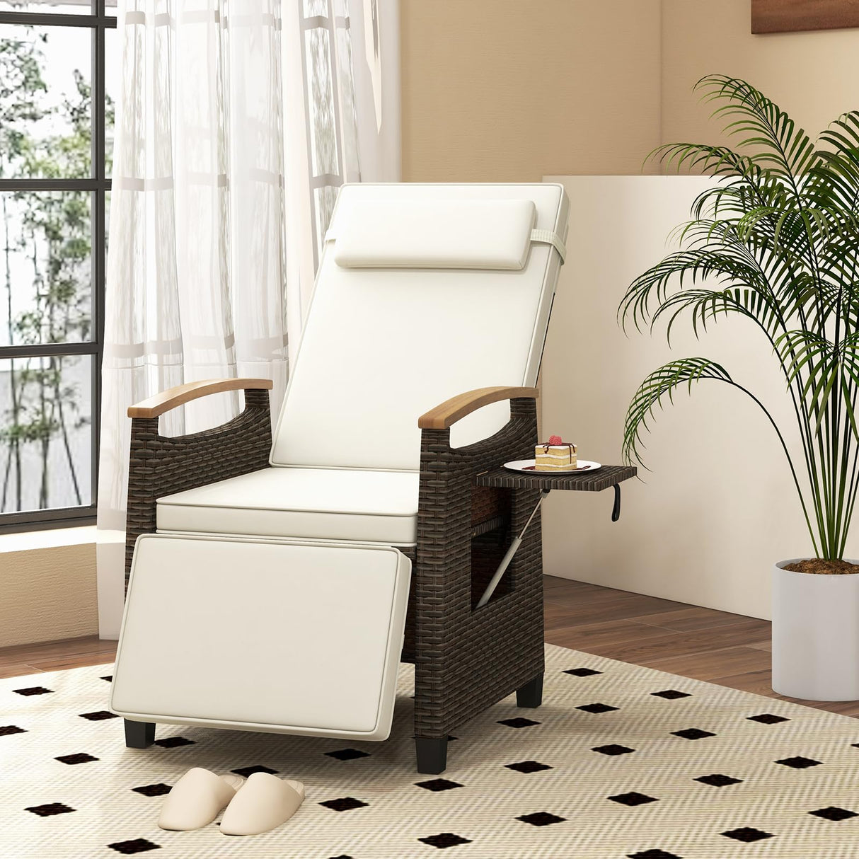 Tangkula Patio Wicker Recliner Chair, Rattan Lounge Chair w/Adjustable Backrest & Footrest, Flip Side Table, Push Back Reclining Seat w/Cushion for Backyard, Porch, Lawn (1, Off White) Tangkula