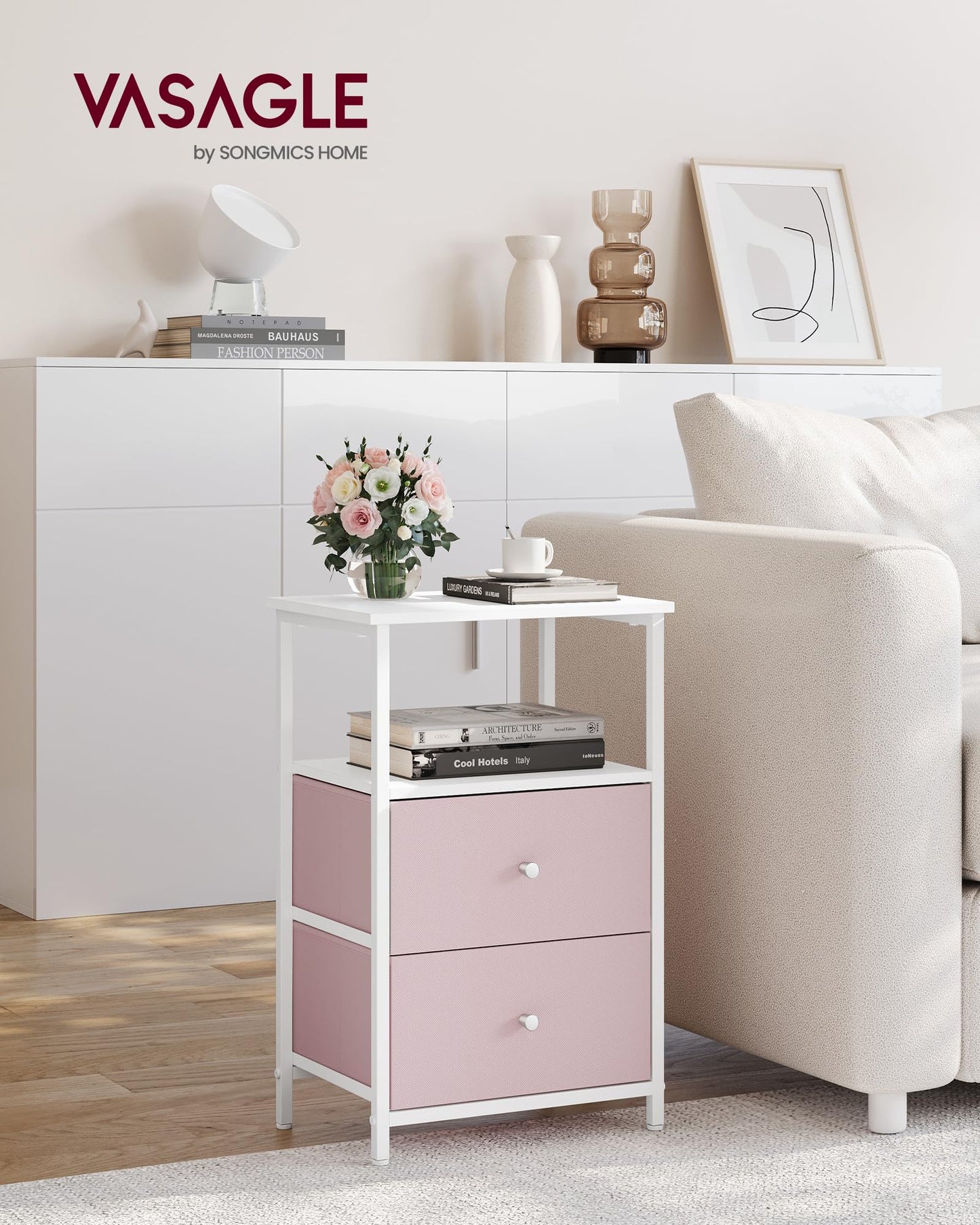 VASAGLE Nightstand, Side Table with 2 Fabric Drawers, 24-Inch Tall End Table with Storage Shelf, Bedroom, Jelly Pink and White ULGS025R05