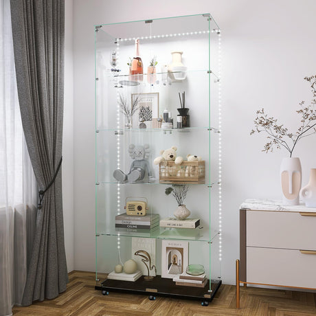 Fetuero Glass Display Cabinet,5 Shelves Double Doors LED Lights Curio Cabinet for Collection with Wheels, 74.8" High Glass Display Case for Living Room Bedroom Playroom Office,Black Fetuero