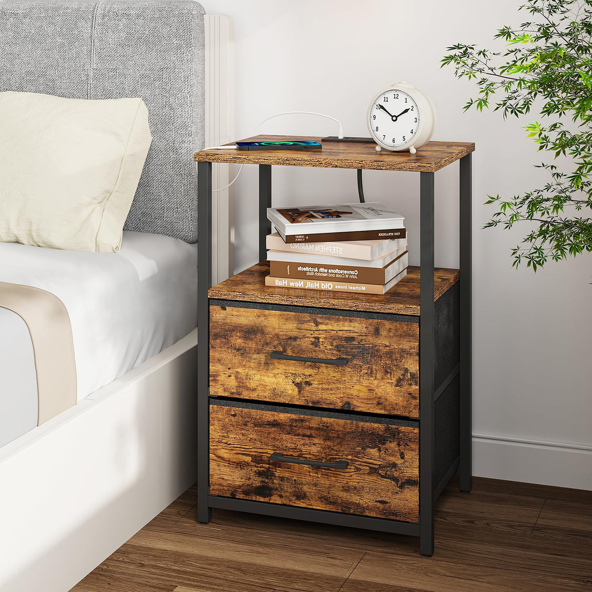 TUTOTAK End Table with Charging Station, Side Table with 2 USB Ports and Outlets, Nightstand with Cloth Drawer, Set of 2, Couch Table, Brown TB01BB052 TUTOTAK