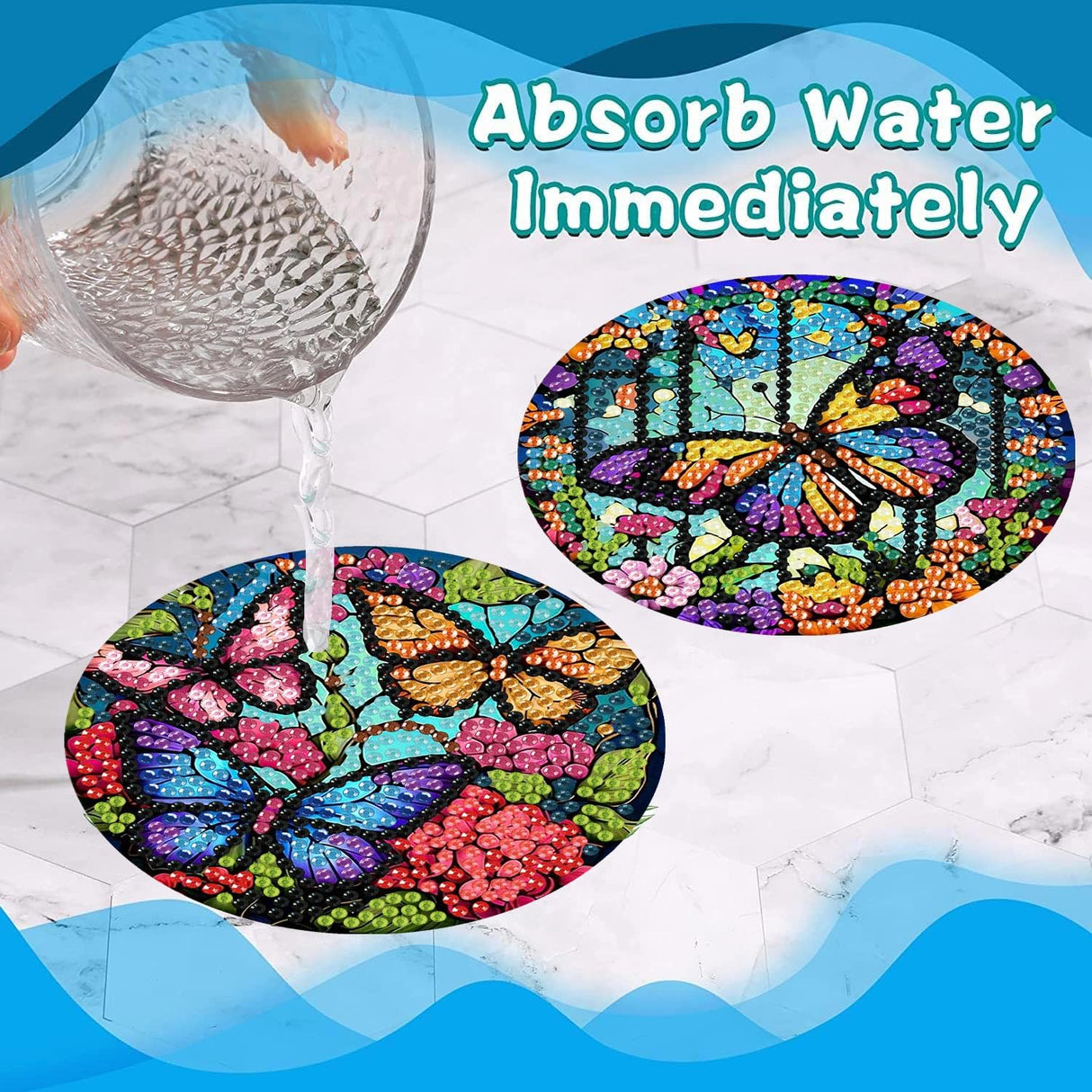 Mrnsiet 8 Pcs Butterfly Diamond Painting Coasters Kits with Holder, DIY Butterfly Diamond Art Coaster Non Slip Coaster for Tabletop Protection 4x4 Inch Mrnsiet