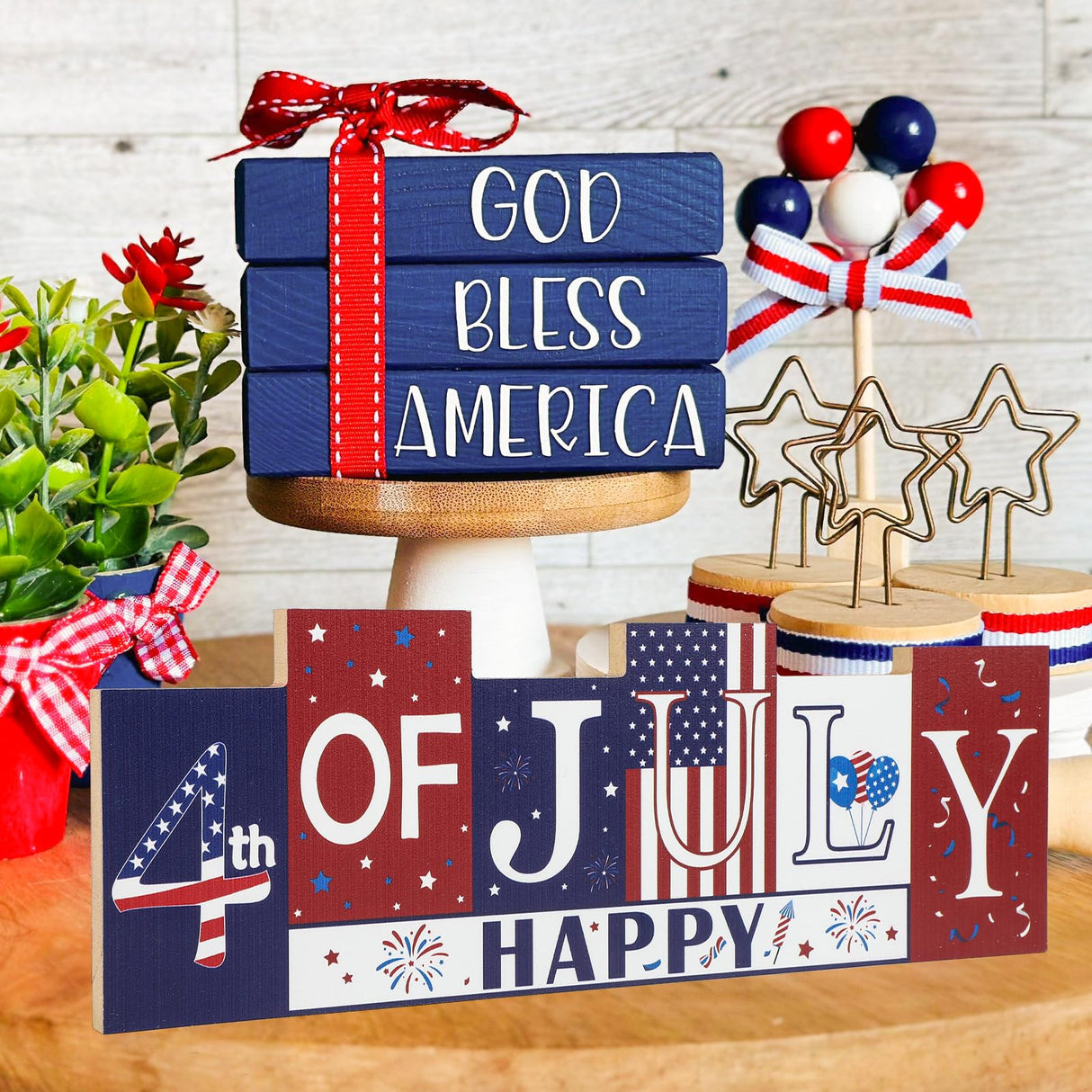 4th of July Decorations Wooden Table Sign Summer Decorations, Patriotic Independence Day Memorial Day Decorations Reversible Double-sided Different Theme Farmhouse Tabletop Centerpiece Decor Sophena