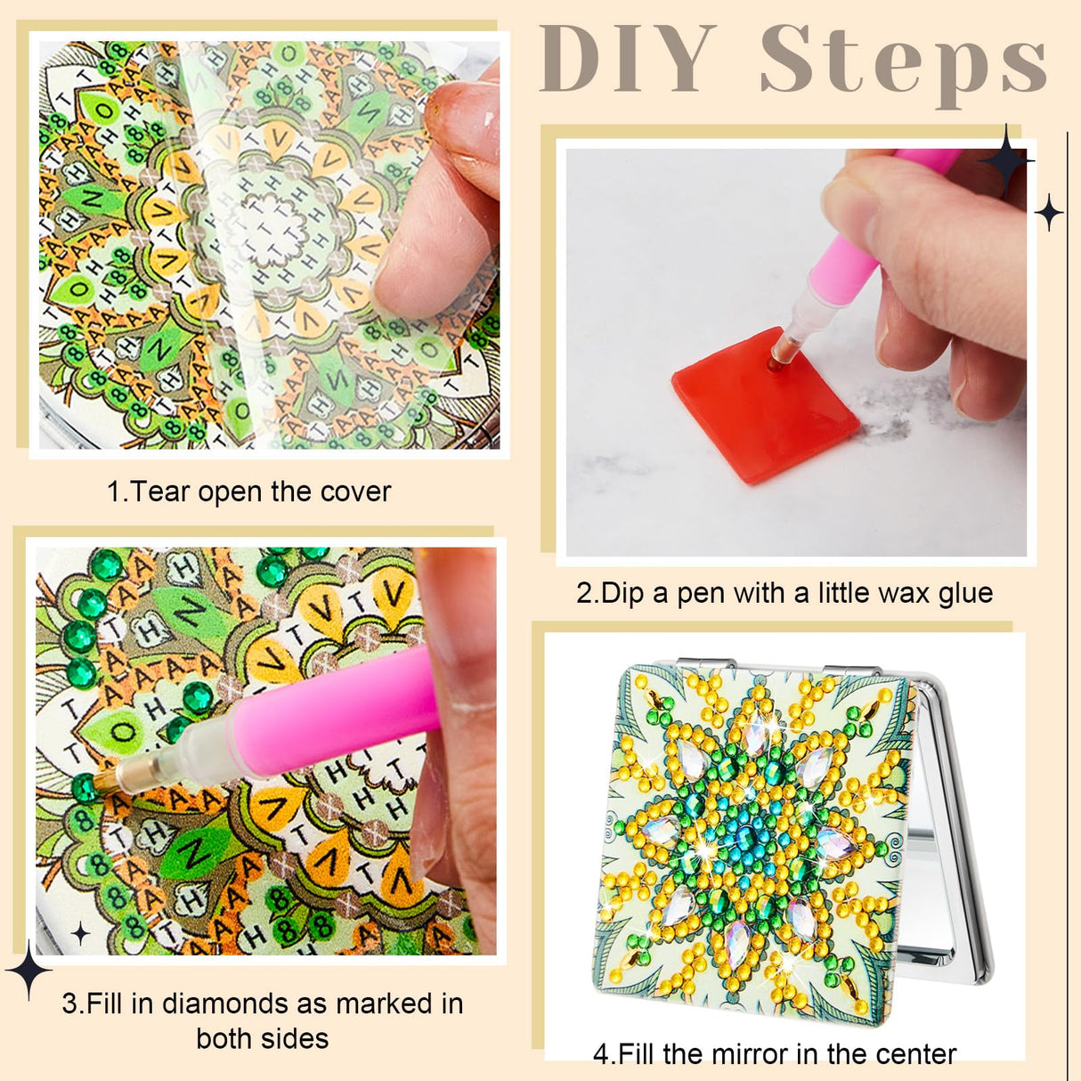 Marsui 4 Pcs Diamond Painting Compact Mirror DIY Painting Pocket Portable Folding Purse Mirror for Women Diamond Art Mom Gifts for Mother's Day Nurse Week Party Favors(Lovely) Marsui