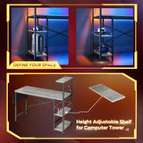 Bestier Gaming Desk with LED Lights, Computer Desk with 4 Tiers Reversible Shelves, 51.3 Inch Home Office Writing Desk with Side Storage Bag, Hooks and Height Adjustable Shelf (Retro Grey Oak) Bestier