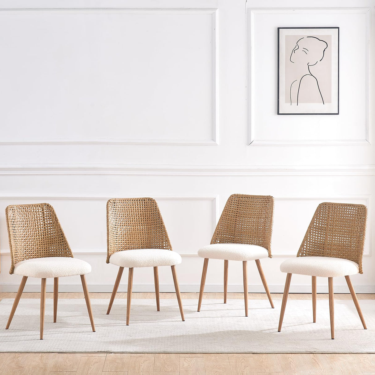YLKHOME Rattan Dining Chairs Set of 4, Rattan Set of 4 Dining Chairs with Cane PE Rattan Backrest,Upholstered Boucle Fabric Dining Chairs Set of 4, Cesca Cane Dining Chairs for Bedroom, Kitchen YLKHOME