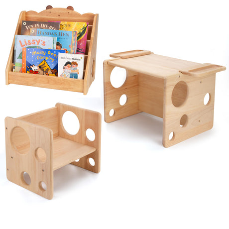 Woodtoe Montessori Weaning Table and Chair Set for Toddler, Natural Solid Wooden Kids Table Cube Chair for Boy Girl, with Montessori Bookshelf for Kids, Kids Magazine Rack Book Display Organizer Woodtoe