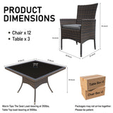 ASJMR 15 Pieces Dining Sets for 12 with Rattan Wicker Dining Set Chairs and Square Table Glass Top with Umbrella Cutout, Outdoor and Indoor Set for Patio, Backyard, Garden, Poolside, Kitchen- Grey ASJMR