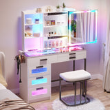 HENBC Vanity Desk with Sliding Mirror and Glass Desktop, LED Vanity Mirror with RGB Lights Desk and Chair, Dressers Vanity Table Set with Charging Station/Makeup Organizer/6 Drawers (White) HNEBC