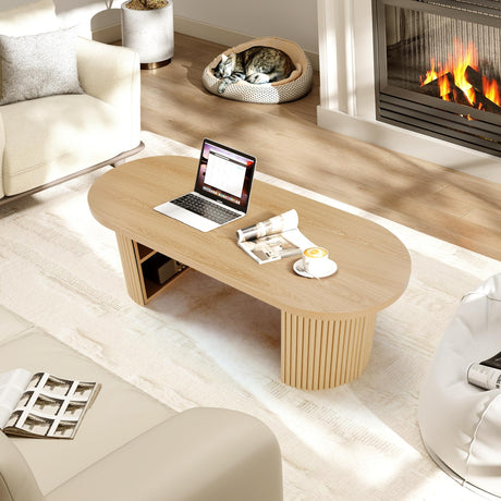 Oval Fluted Coffee Table, 47" Farmhouse Wood Coffee Table Mid Century Modern Center Table Boho Living Room Tables for Living Room Office,Natural RUSTYER