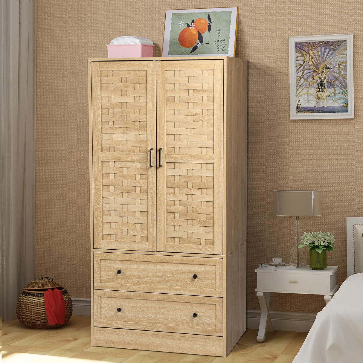 QEIUZON Wardrobe Closet, Freestanding Closet Wardrobe Cabinet with Wide Drawers & Hanging Rod, Armoire for Bedroom, Kids' Room, Dorm (Natural) QEIUZON