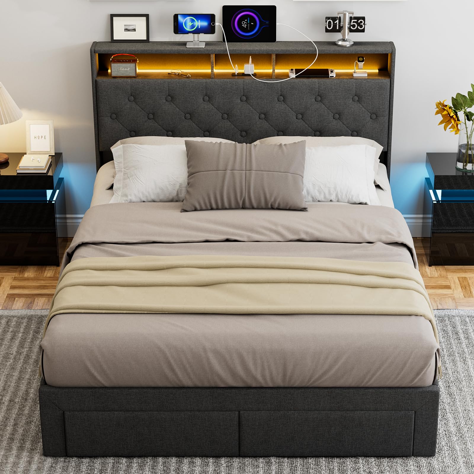 IKIFLY Dark Grey Queen Bed Frame with Storage Drawers, Charging Station & LED Lights - WoodArtSupply