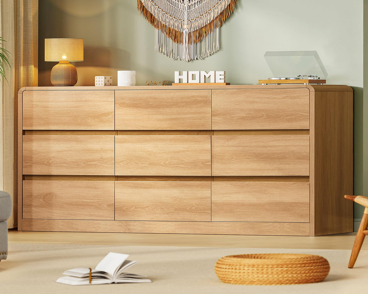TEENFON 9 Drawer Dresser for Bedroom, 63" Wide Dressers & Chest of Drawers with Curved Profile Design, Wood Closet Storage Dressers Organizer for Bedroom, Living Room, Natural TEENFON