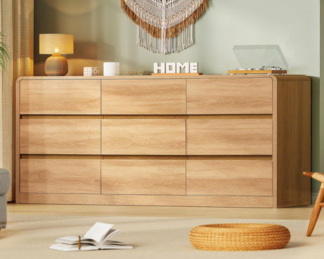 TEENFON 9 Drawer Dresser for Bedroom, 63" Wide Dressers & Chest of Drawers with Curved Profile Design, Wood Closet Storage Dressers Organizer for Bedroom, Living Room, Natural TEENFON