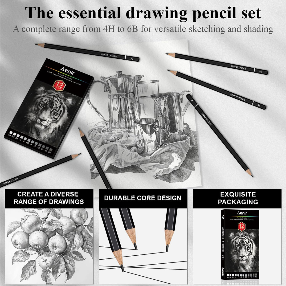 Sketch Pencils for Drawing, Set of 12 Drawing Pencils for Sketching Medium (6B - 4H), Artist Graphite Pencils, Sketch Set for Artists for Sketching Supplies, Art Supplies. Aenir