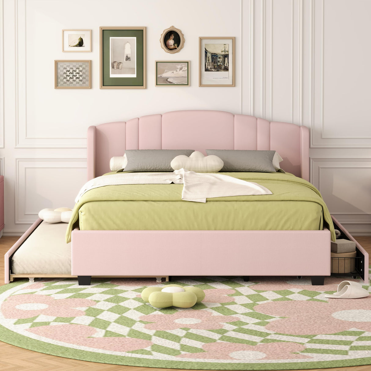 Queen Size Platform Bed Frame, Linen Fabric Upholstered Bed with Wingback Headboard, Twin Size Trundle and 2 Drawers, No Box Spring Needed, Easy Assembly (Pink) BEDGJH