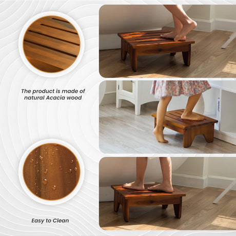 Holana 6" Acacia Wood One Step Stool for Adults - 300 Lbs Wooden Step Stools Heavy Duty for High Bed Riser, Bathroom, Bedroom - Small Stepping Stool for Elderly, Seniors, Kids, Handicap Use Indoor HOLANA