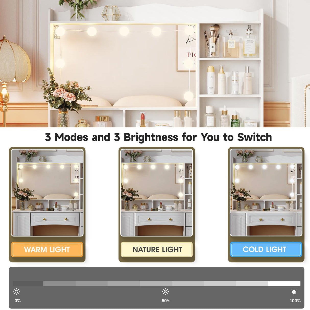 Maupvit 47.1" Makeup Vanity with Mirror and Lights,White Vanity Desk with Drawers and Shelves，Large Makeup Table with Glass Top，Bedroom Dressing Table Maupvit