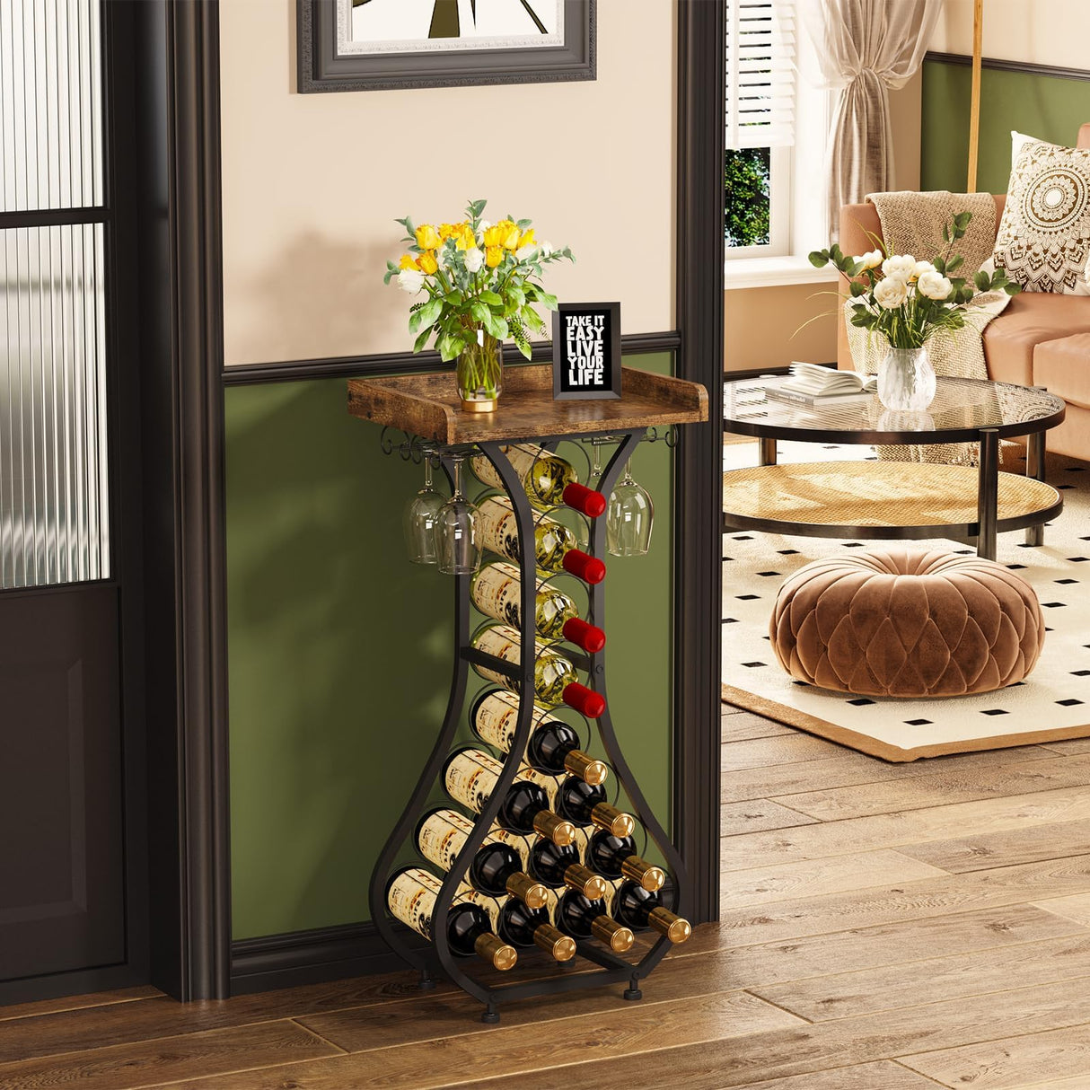 X-cosrack Wine Rack Freestanding Floor, Mini Bar Table Wine Holder Stand Liquor Cabinet with Glass Holder Wood Tabletop 14 Bottles Floor Wine Storage for Home Bar Kitchen Living Room (Patent Pending) X-cosrack