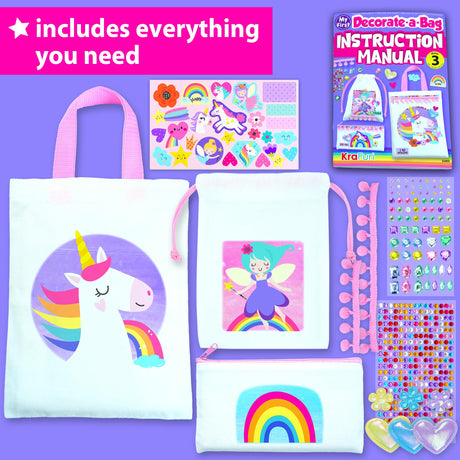 KRAFUN Decorate-a-Bag Craft Kit for Kids 5+ Years, Unicorn & Fairy Theme with Stickers & Gems, 3 DIY Customizable Bags, Step-by-Step Instructions, Creative Activity Set Girls & Boys, Educational Toy KRAFUN