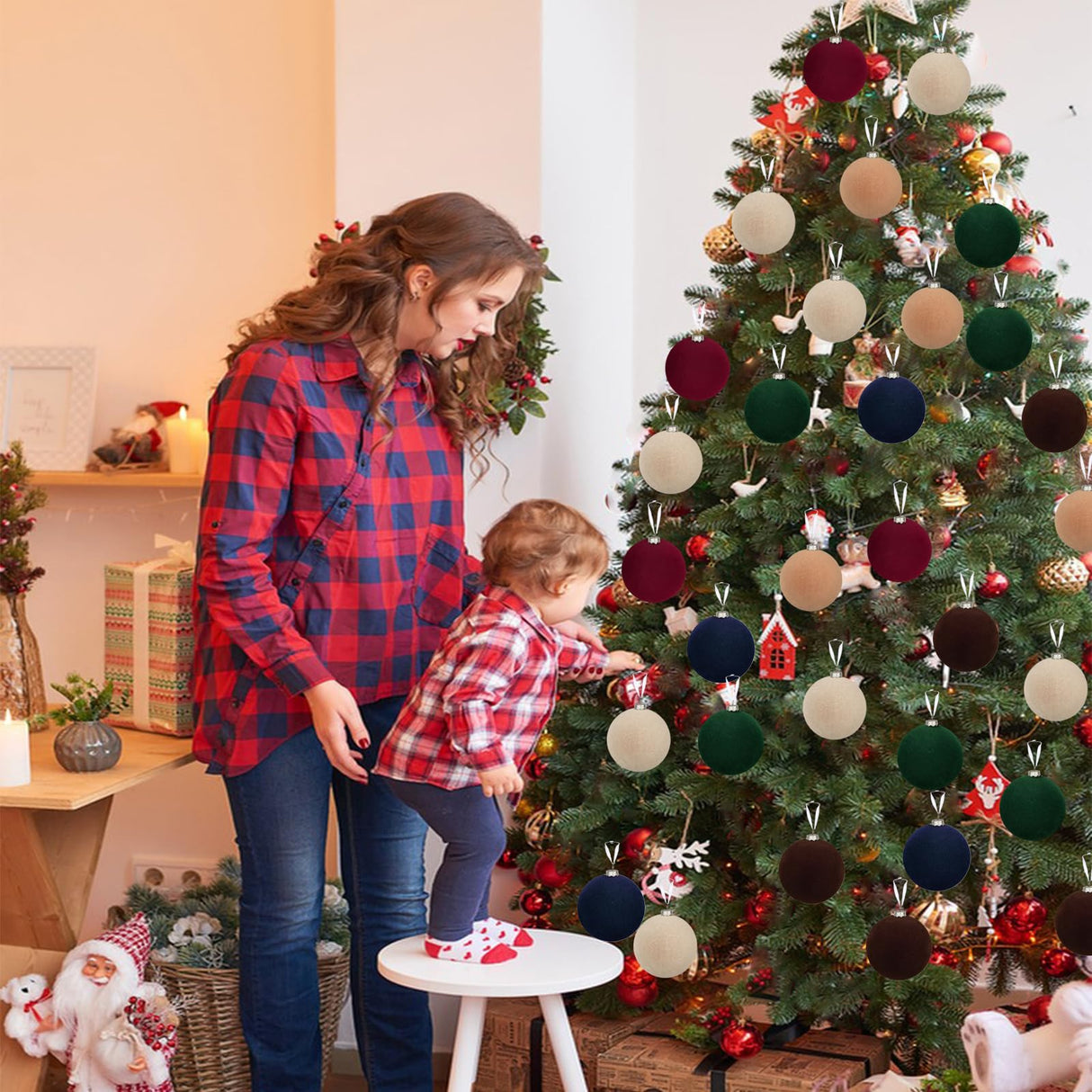 12pcs Christmas Tree Hanging Ball Decoration 2.4Inch Velvet Christmas Ornaments Balls Flocked Shatterproof Plastic Xmas Tree Ball for Party Holiday Wedding Home Decor (1, Burgundy, 12PCS) Maritown