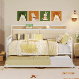 LIKIMIO Daybed with Trundle, Sturdy Metal Full Size Bed Frame with Upholstered Headboard and Charging Station for Living Room, Bedroom and Guest Room, White LIKIMIO