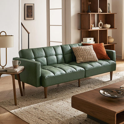 mopio Aaron 76.8" Couch, Small Futon Sofa Bed, Sleeper, Loveseat, Mid Century Modern Futon Couch, Sofa Cama, Couches for Living Room, Bedroom (Sage Green, Faux Leather)